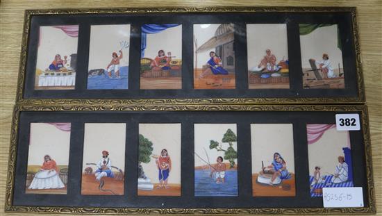 A set of 12 Indian paintings on mica 9 x 5.5cm.